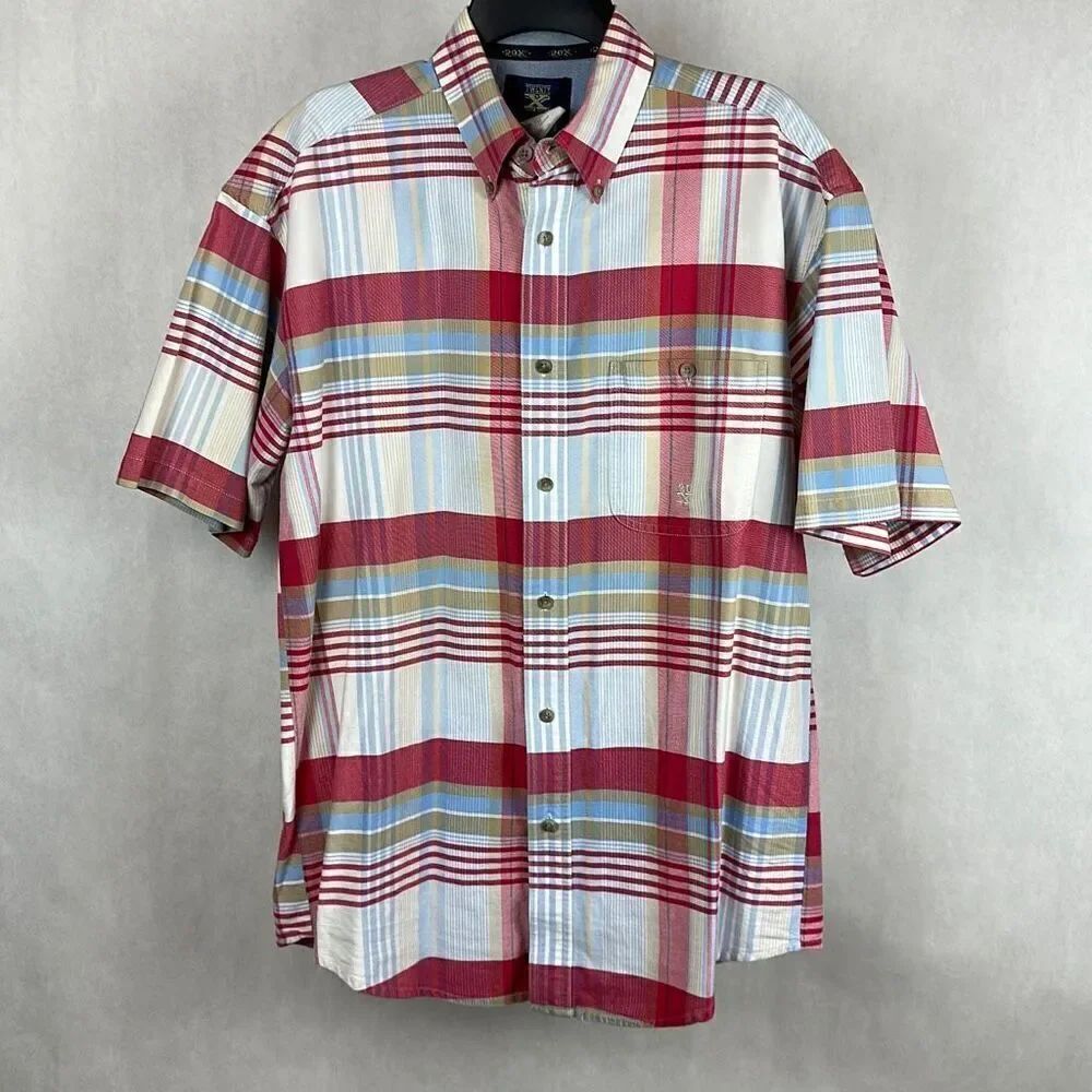 Wrangler 20X Button Front Shirt Mens Sz M Short Sleeve Plaid White Red Blue USA